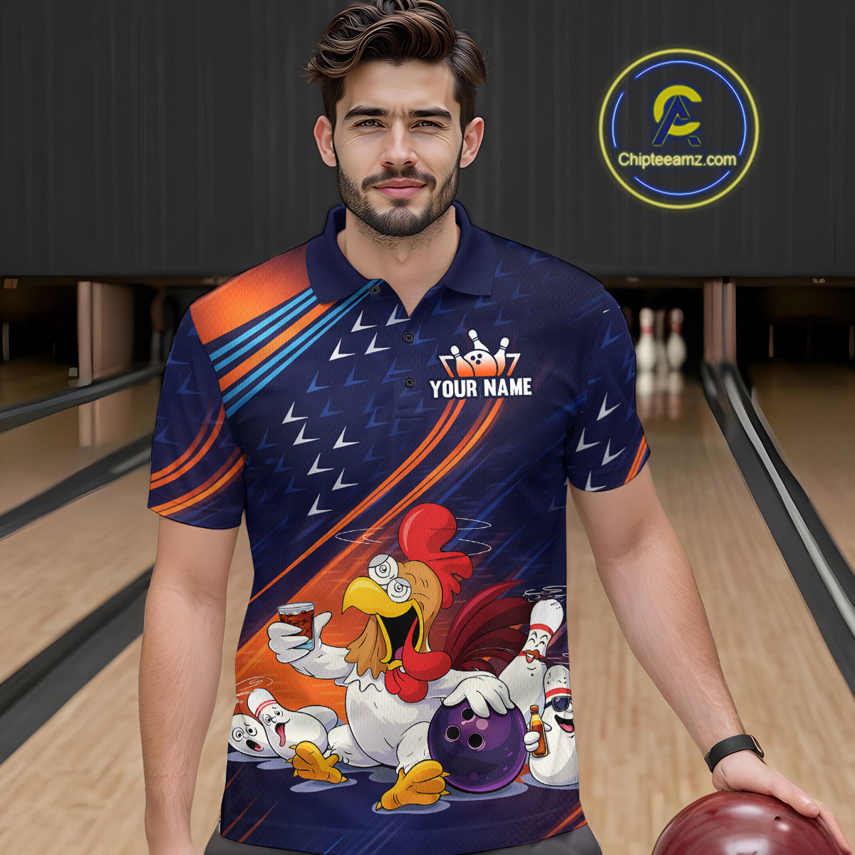 Funny Chicken Polo Bowling Shirt for Men Custom Bowling Jersey 1/4 Zip Bowling Outfit QZT826