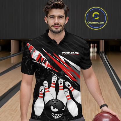 Custom Red Funny Bowling Jersey for Men Bowling Uniform Polo & 1/4 Zip Bowling Team Shirts HNT128