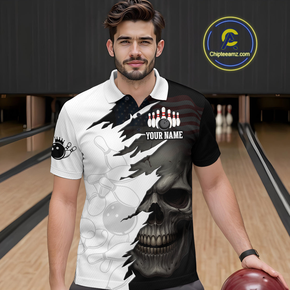Custom Black White Skull Bowling Jersey for Men Bowling Polo & 1/4 Zip Bowling Team Shirts HNT111