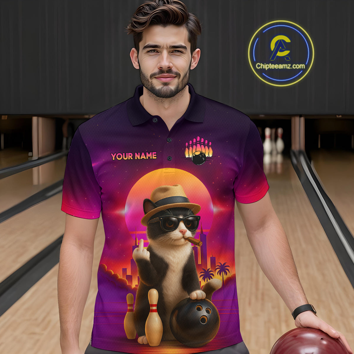 Custom Funny Cat Bowling Jersey for Men Bowling League Polo & 1/4 Zip Bowling Team Shirts HNT142