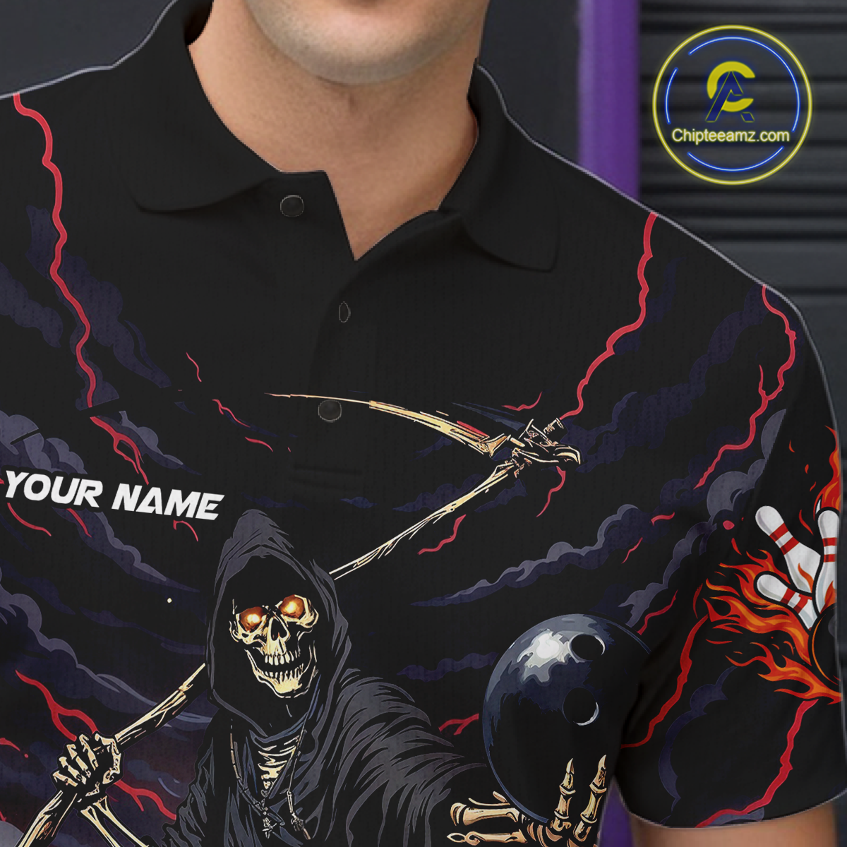 Custom Grim Reaper Flame Bowling Jersey for Men Bowling Team Shirts Polo & 1/4 Zip HNT193