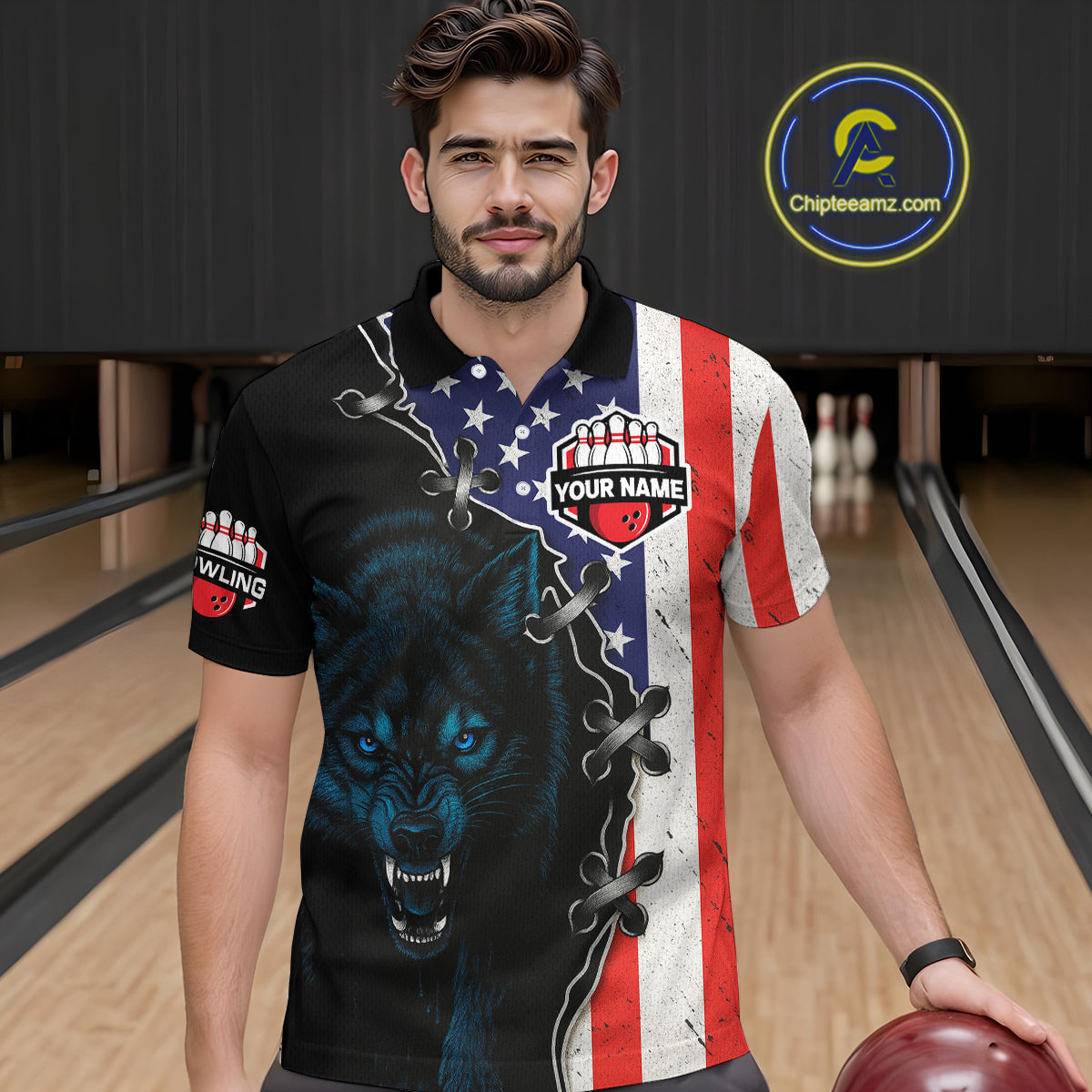 Patriotic Wolf Bowling Shirts for Team Men Women Wolf Bowling Jerseys American Flag MBL203