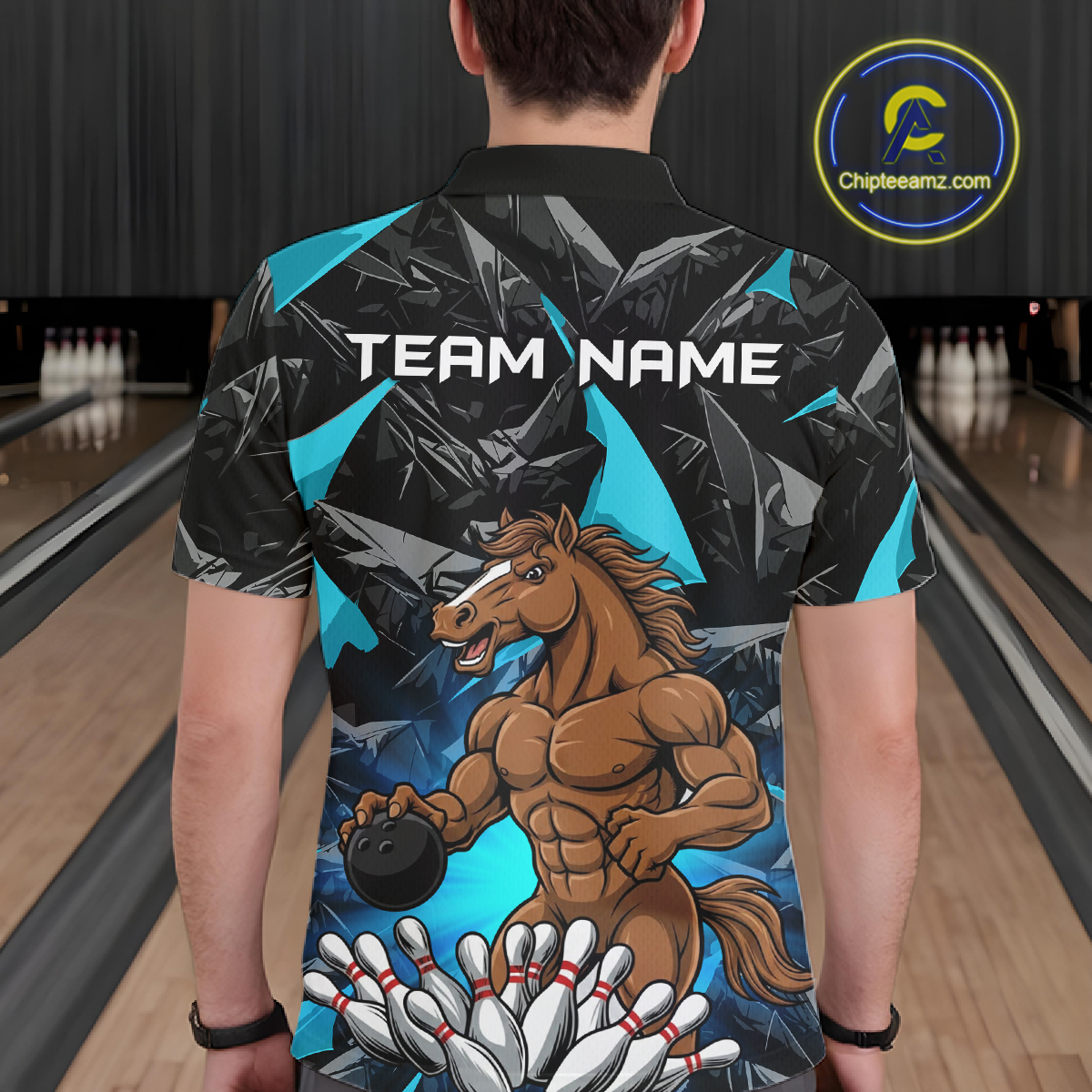 Custom Turquoise Funny Horse Bowling Jersey for Men Bowling Team Shirts Bowling League Polo & 1/4 Zip HNT183