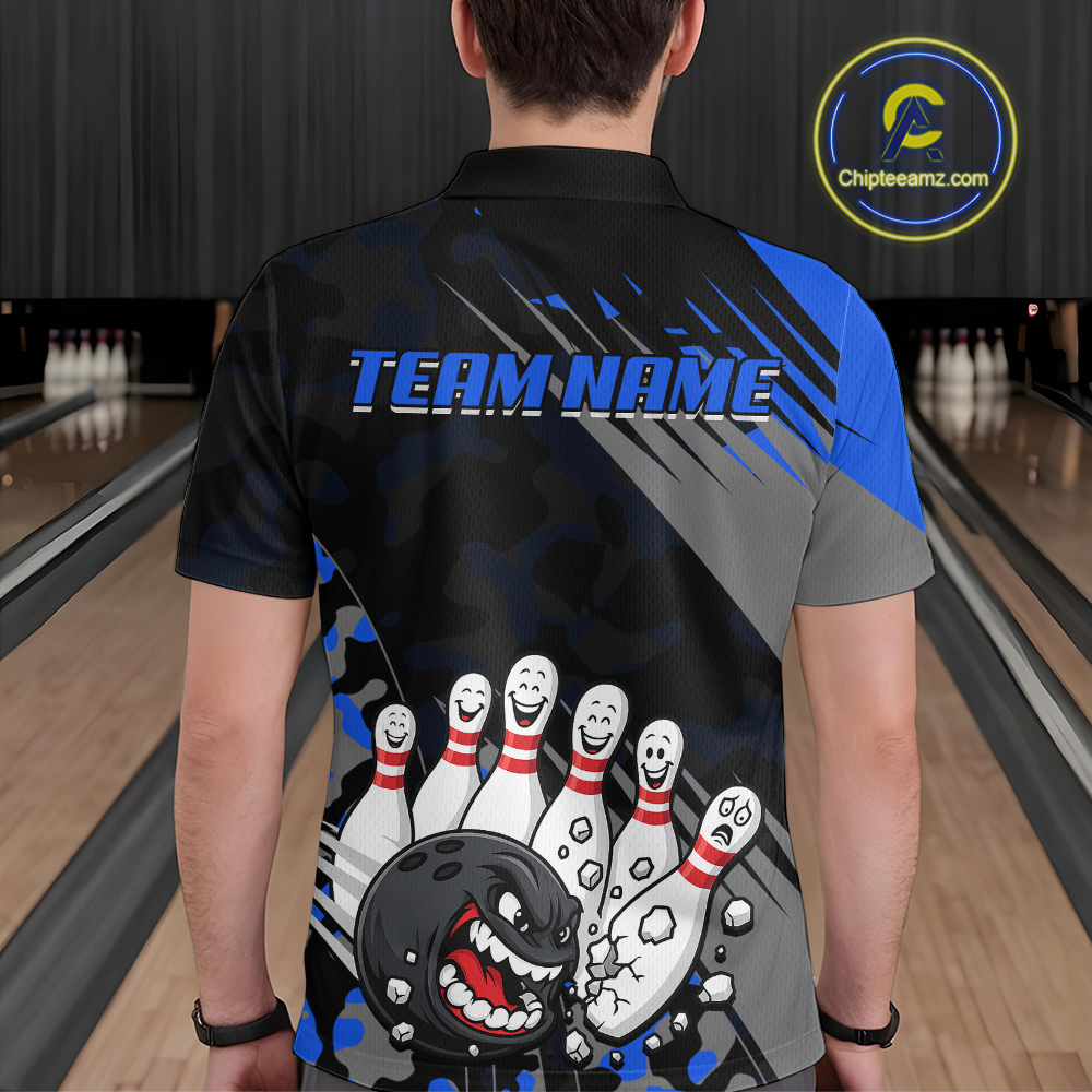 Custom Blue Funny Bowling Shirt Crazy Bowling Jersey Men Polo & 1/4 Zip Bowling Outfit QZT785