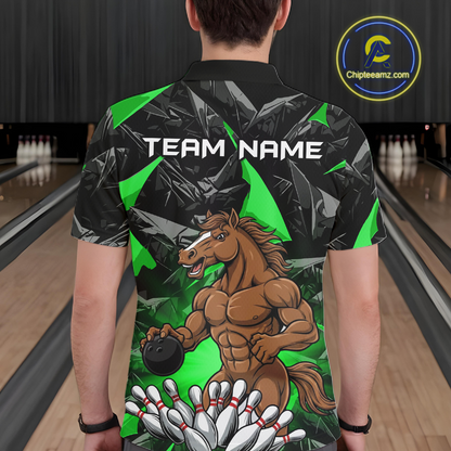 Custom Green Funny Horse Bowling Jersey for Men Bowling Team Shirts Bowling League Polo & 1/4 Zip HNT183