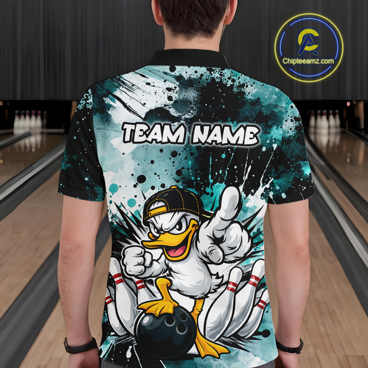 Custom Teal Funny Duck Bowling Jersey for Men Bowling Uniform Polo & 1/4 Zip Bowling Team Shirts HNT237