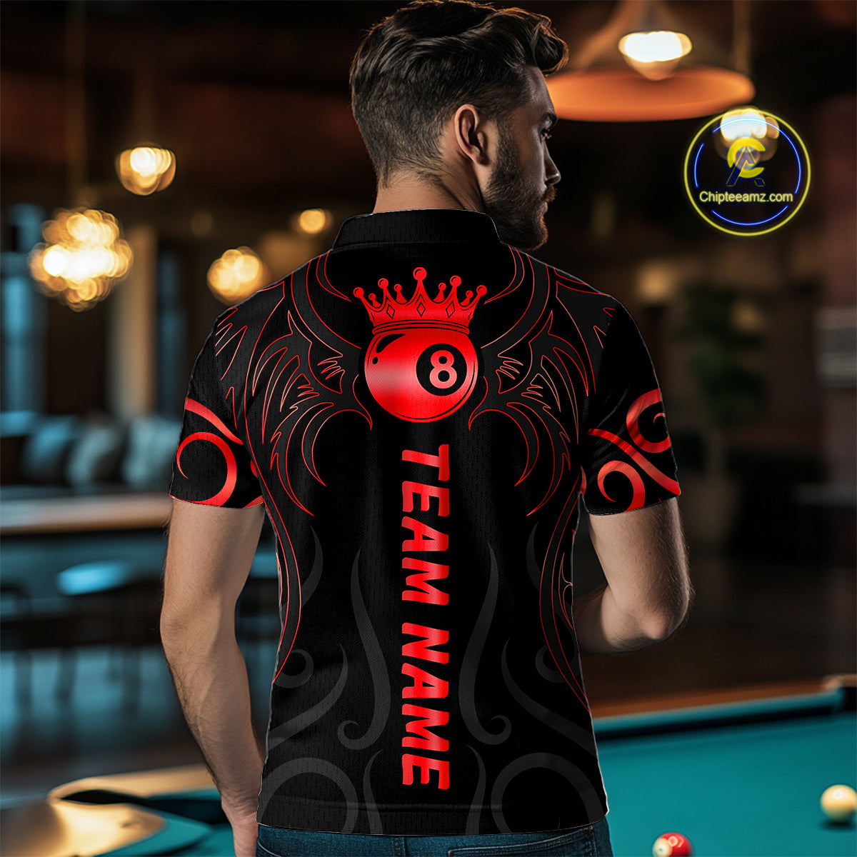 Black And Red 8 Ball Crown Tribal Billiard Shirt For Men Custom Pool Jersey Billiard Team Shirt TDM4725