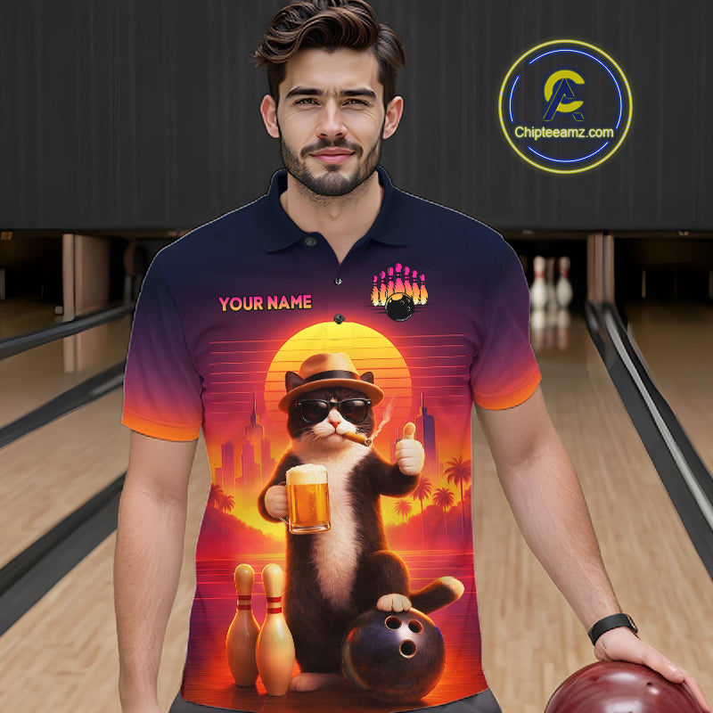 Custom Beer Cat Retro Bowling Shirt for Men Cat Funny Beer Bowling Team Jersey Polo &1/4 Zip HNT275