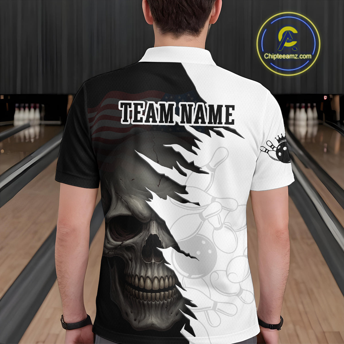Custom Black White Skull Bowling Jersey for Men Bowling Polo & 1/4 Zip Bowling Team Shirts HNT111