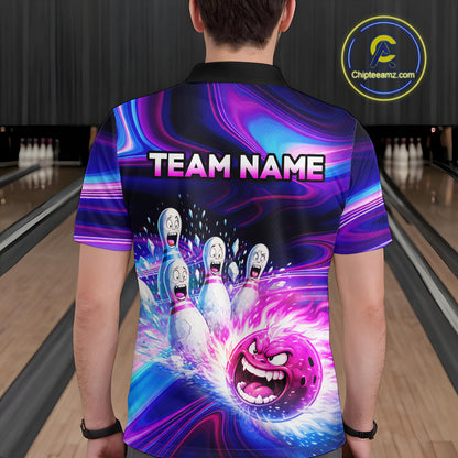 Custom Purple Blue Crazy Bowling Shirt for Men Polo & 1/4-Zip Bowling League Outfit QZT831