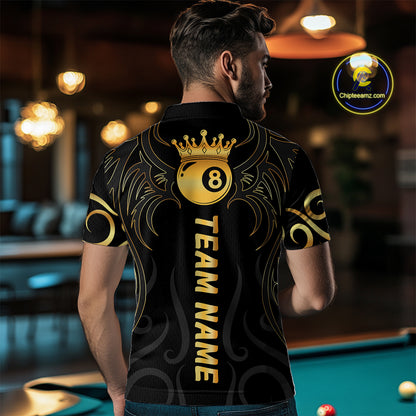 Black And Gold 8 Ball Crown Tribal Billiard Shirt For Men Custom Pool Jersey Billiard Team Shirt TDM4724