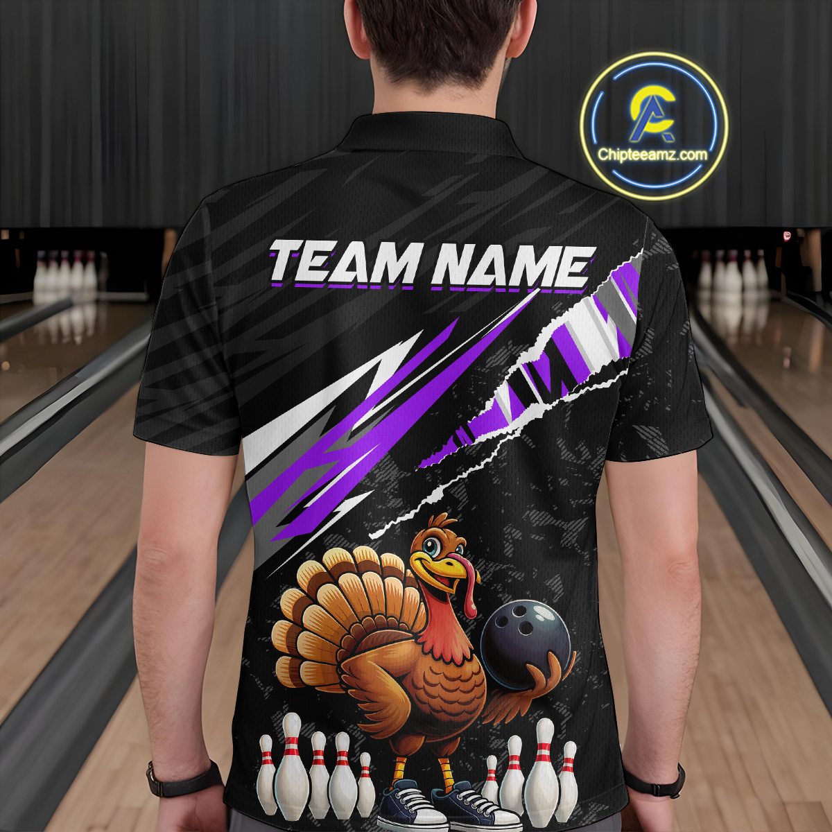 Custom Purple Funny Turkey Bowling Jersey for Men Thanksgiving Bowling Shirts Polo & 1/4 Zip HNT117