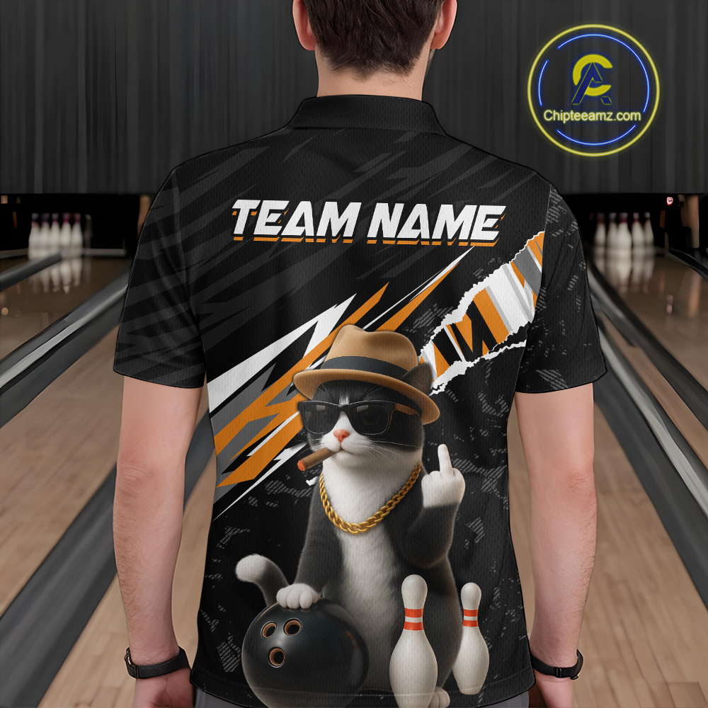 Custom Orange Funny Cat Bowling Jersey for Men Bowling Shirt Polo & 1/4 Zip Bowling Team Shirts HNT136