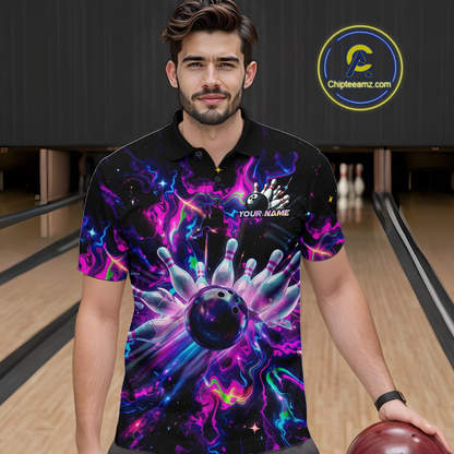 Custom Watercolor Pink Purple Bowling Jersey for Men Bowling Team Shirts Polo & 1/4 Zip HNT268