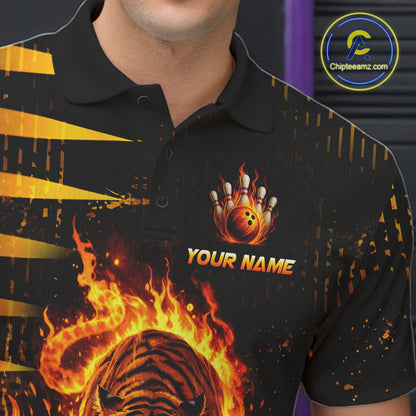 Custom Flame Tiger Bowling Team Jersey Bowling Shirt for Men Bowling League Polo & 1/4 Zip HNT201