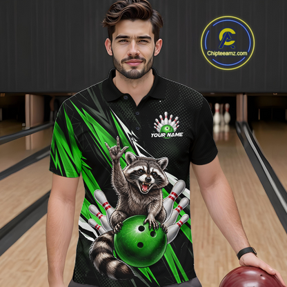 Custom Green Raccoon Bowling Jersey for Men Bowling Team Shirts Bowling Polo & 1/4 Zip HNT254