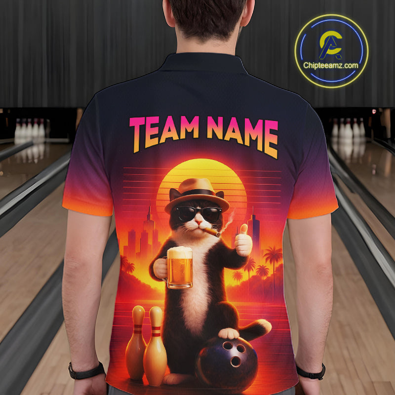 Custom Beer Cat Retro Bowling Shirt for Men Cat Funny Beer Bowling Team Jersey Polo &1/4 Zip HNT275