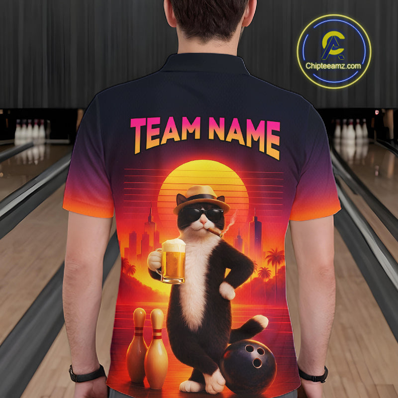 Beer Cat Funny Bowling Shirt for Men Retro Custom Cat with Beer Bowling Team Jersey HNT274