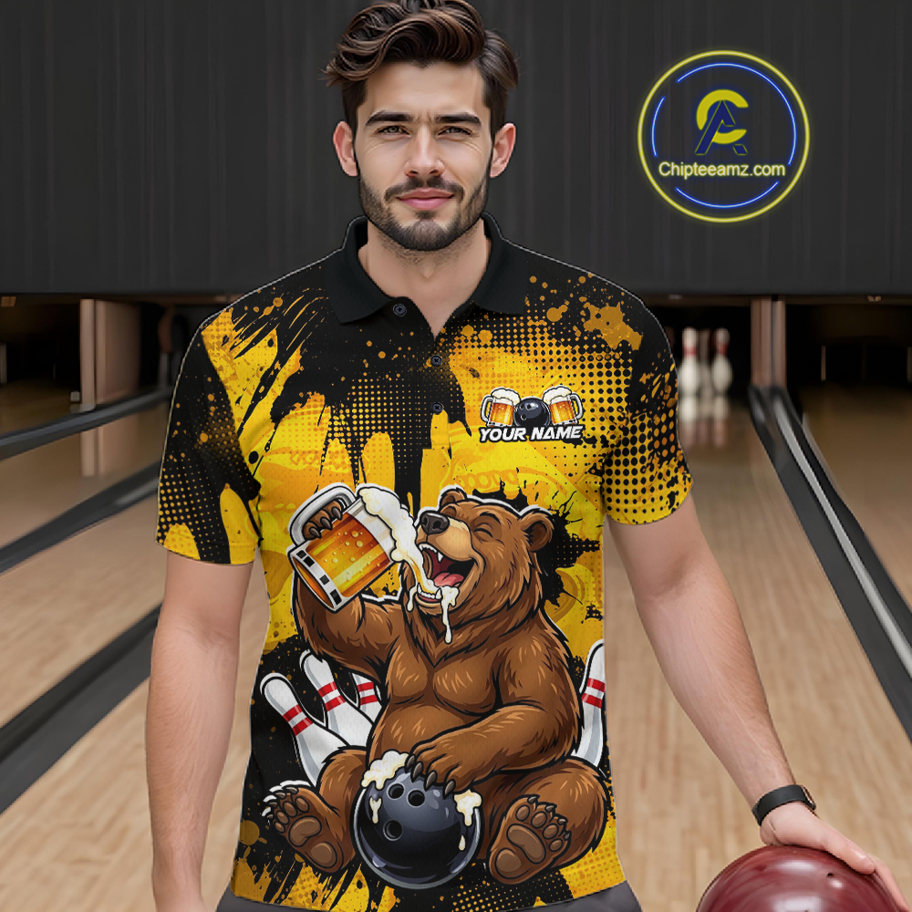 Custom Beer Bear Bowling Jersey for Men Bowling Team Shirts Bowling Polo & 1/4 Zip HNT265