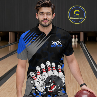 Custom Blue Funny Bowling Shirt Crazy Bowling Jersey Men Polo & 1/4 Zip Bowling Outfit QZT785