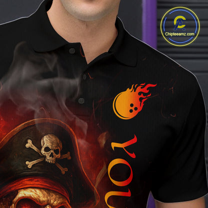 Orange Flame Pirate Skull Bowling Team Shirt for Men Bowling League Jersey Polo Bowling Outfit QZT763