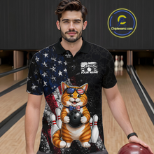 Load image into Gallery viewer, Man wearing a black polo shirt with a cat bowling design in a bowling alley.