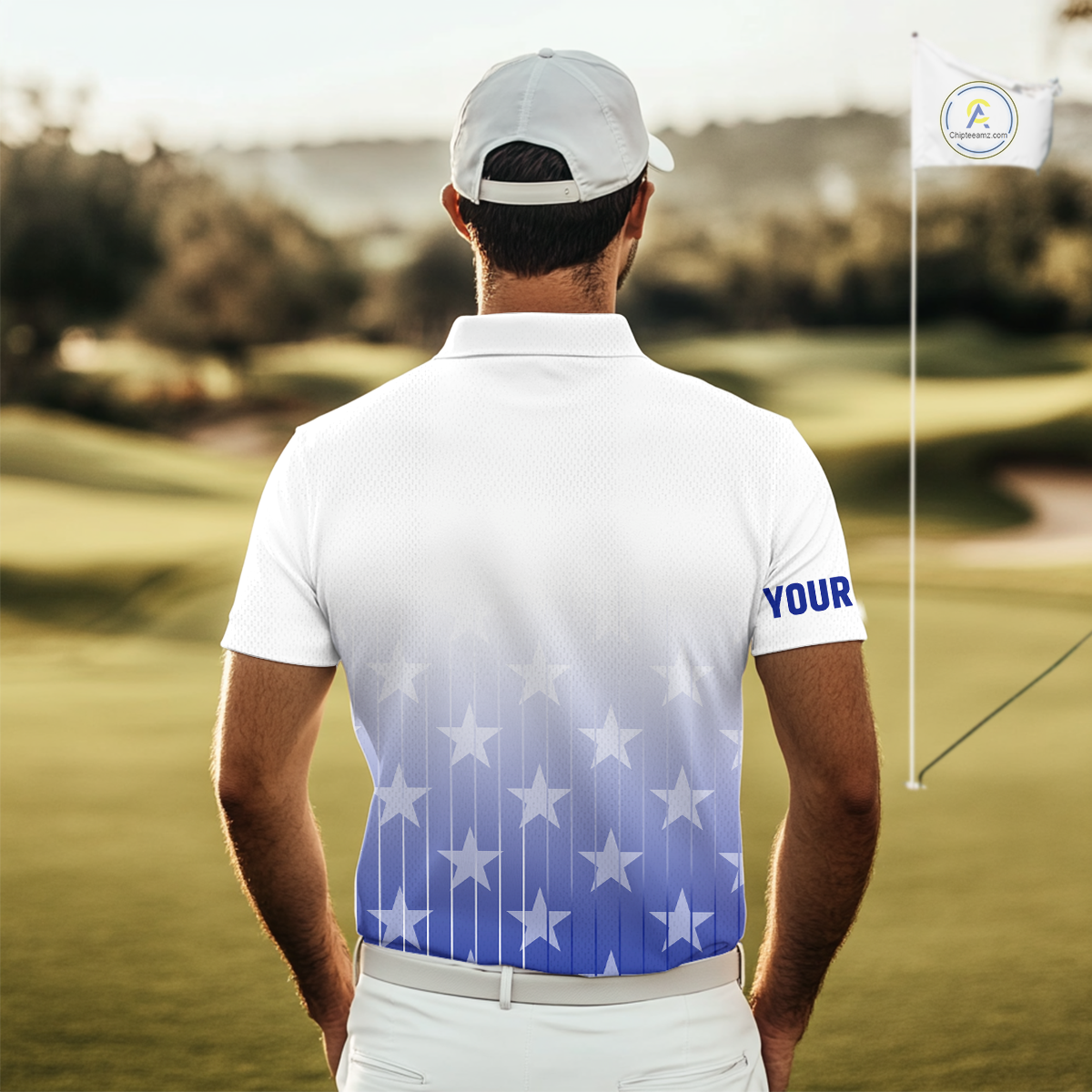 Personalized blue stars pattern white golf polos shirts for men custom gifts for the golfer NQS9965