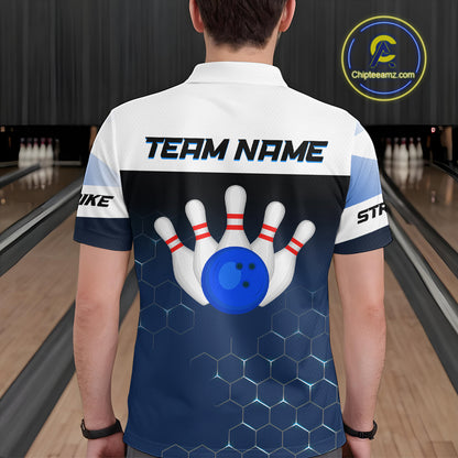 White and Blue Bowling Shirts for Men Women Team Custom Bowling Polo & Quarter Zip MBL105