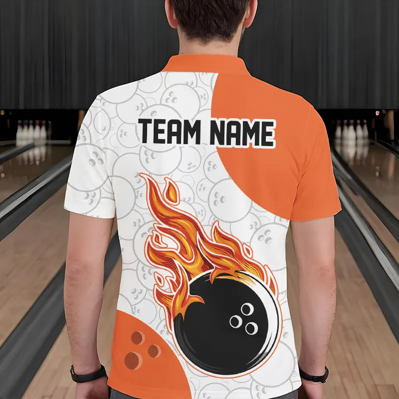 Man wearing custom orange and white bowling polo shirt, back view mockup, personalized bowling league jersey.