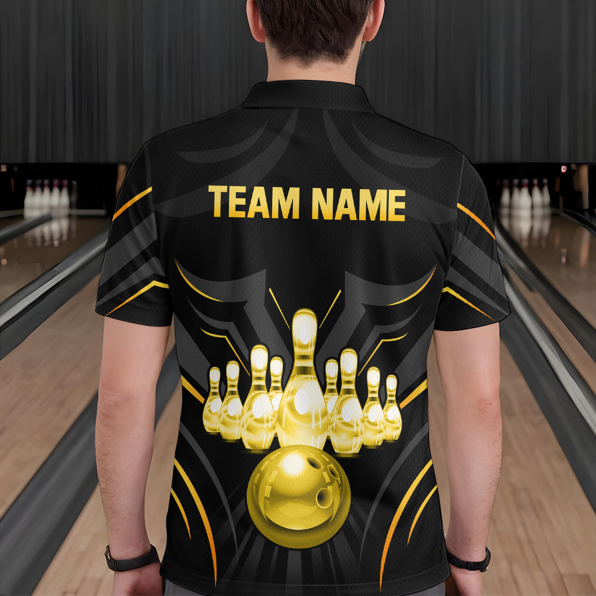 Black and Gold Custom Name Bowling Jerseys For Men Bowling Team Shirts Bowling Pin And Ball HNT26