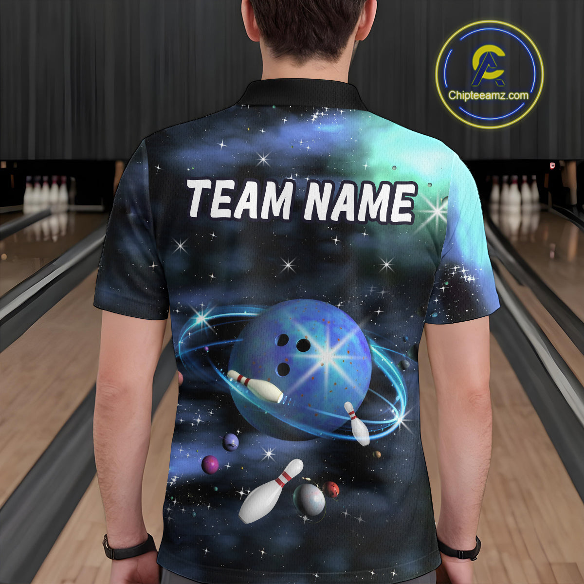 Blue Galaxy Bowling Shirts for Men Women Custom Team Bowling Polo and Quarter Zip MBL123