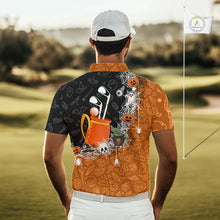 Load image into Gallery viewer, Halloween Skull Playing Golf Mens Golf Polo Shirt Custom black and orange Halloween mens golf outfit NQS10341