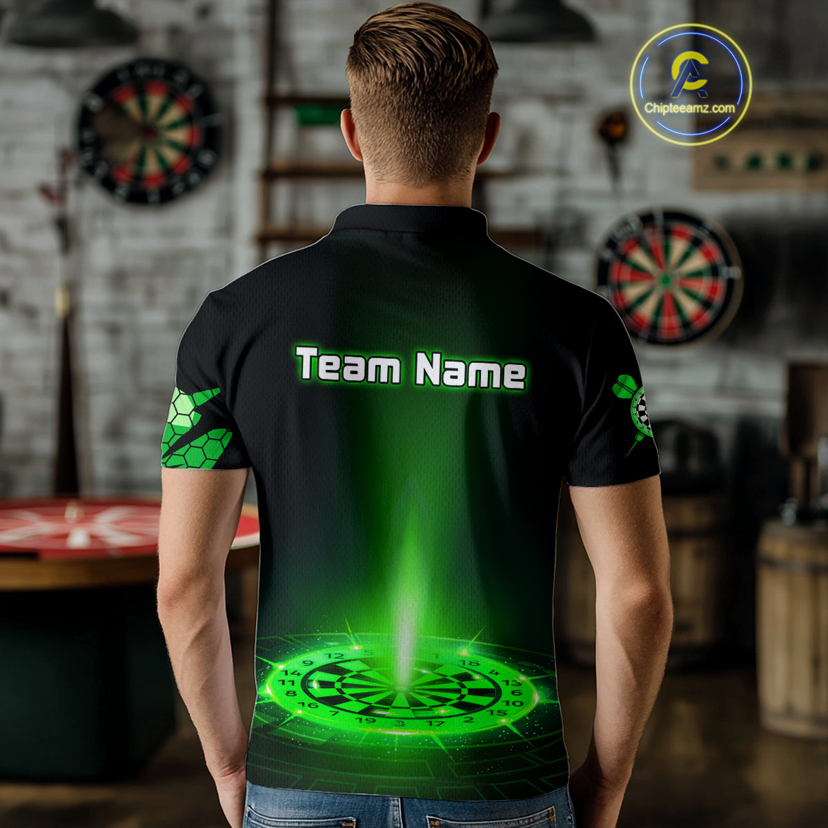 Custom Men's Darts Jersey Green Lightning Dartboard With Halftone Pattern NYN0276