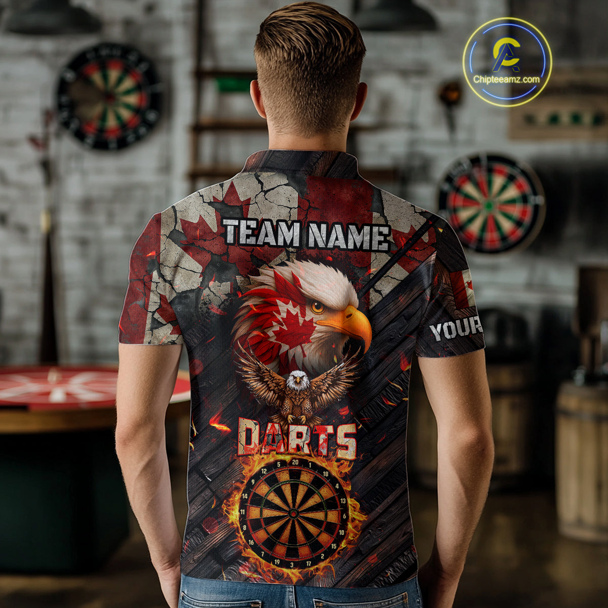 Canada Flag 3D Dartboard Fire Flame Custom Eagle Darts Shirt For Men, Patriotic Darts Team Jersey TDM4148