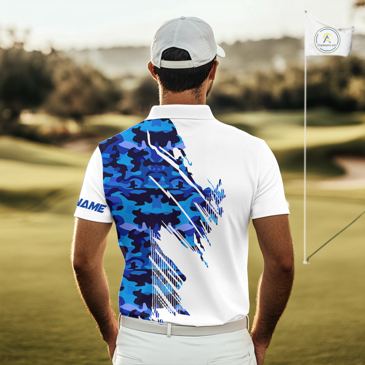 Personalized Mens golf polo shirts custom white and blue camo mens golf apparel, golfing gifts NQS10073