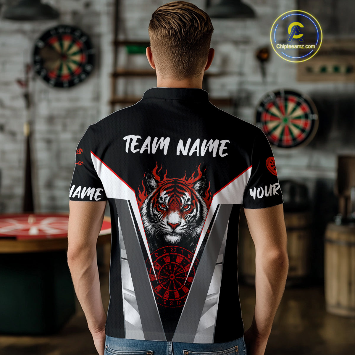 Custom Men's Dart Team Shirt With Roaring Tiger Dartboard - Silver & Black Jersey NYN0337