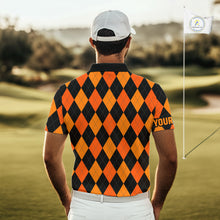 Load image into Gallery viewer, Funny Mens golf polo shirts custom orange and black argyle plaid Halloween Skull golf attire for men NQS10355