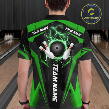 Black Men bowling Polo, Quarter Zip shirt Custom lightning thunder team league bowling jersey | Green NQS10374