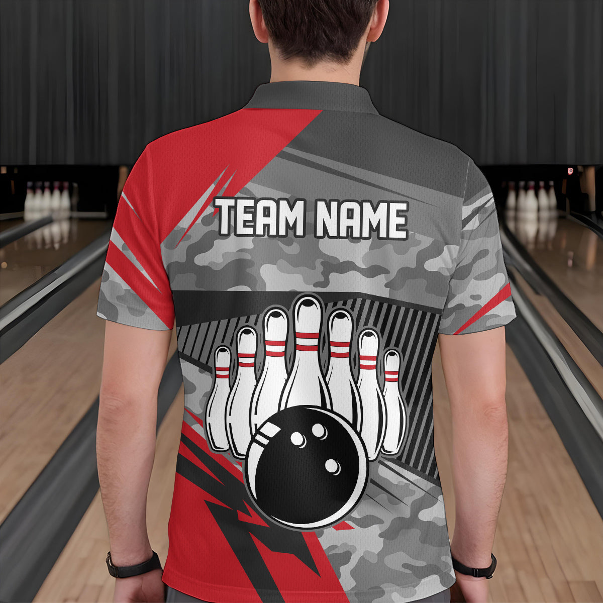 Red Camo Bowling Shirts for Women Men Custom Team Bowling Polo & 1/4 Zip Shirt MBL61