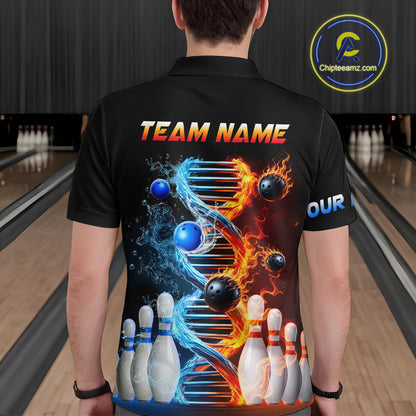Man wearing custom ice and fire DNA bowling polo shirt, back view mockup, personalized bowling league jersey.