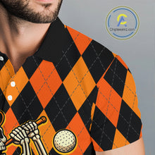Load image into Gallery viewer, Funny Mens golf polo shirts custom orange and black argyle plaid Halloween Skull golf attire for men NQS10355