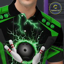 Load image into Gallery viewer, Black Men bowling Polo, Quarter Zip shirt Custom lightning thunder team league bowling jersey | Green NQS10374