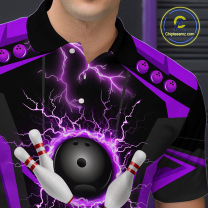 Black Men bowling Polo, 1/4 Zip shirt Custom lightning thunder team league bowling jersey | Purple NQS10375
