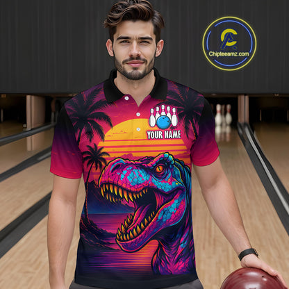 Custom Neon Dinosaur Bowling Men Bowling Shirt Polo & Quarter-Zip Bowling Team Jerseys HNT78