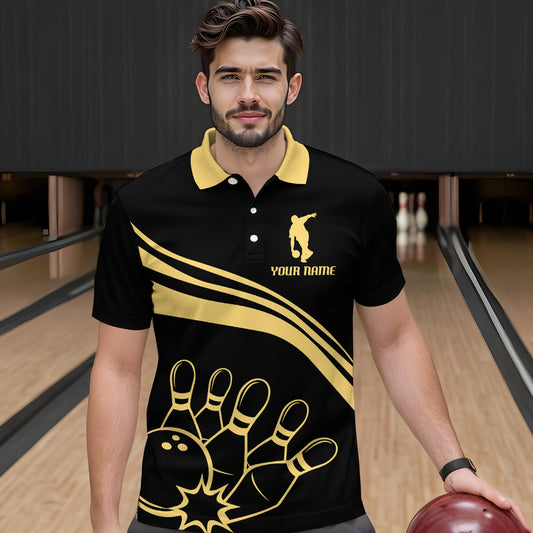 Black&Gold Bowling Polo Shirt For Men Custom Bowling Jersey Vintage Bowling Team League Shirt BDT114