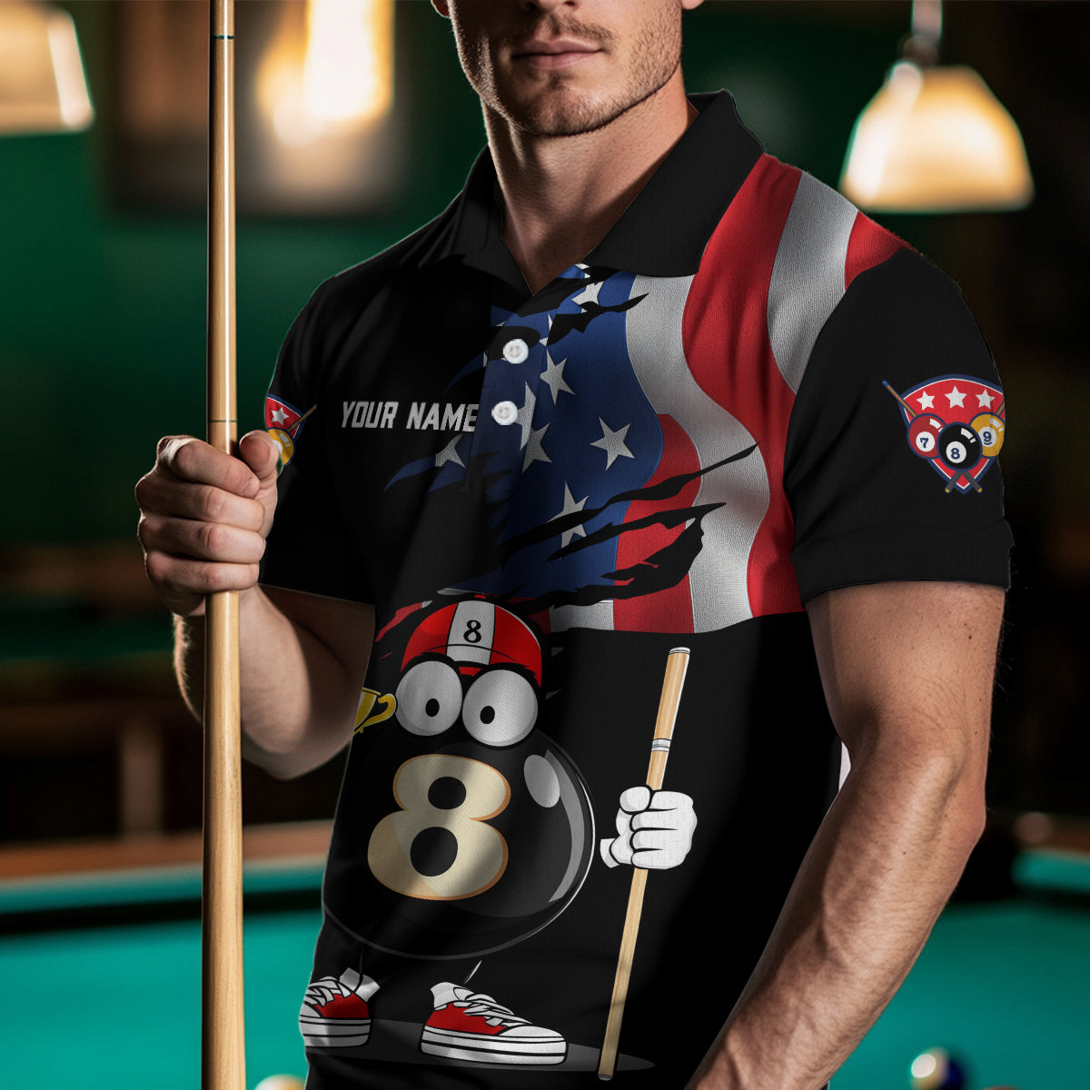 US Flag Funny 8 Ball Billiard Jersey Men Billiard Shirt for Men Team Polo & 1/4 Zip NNT12