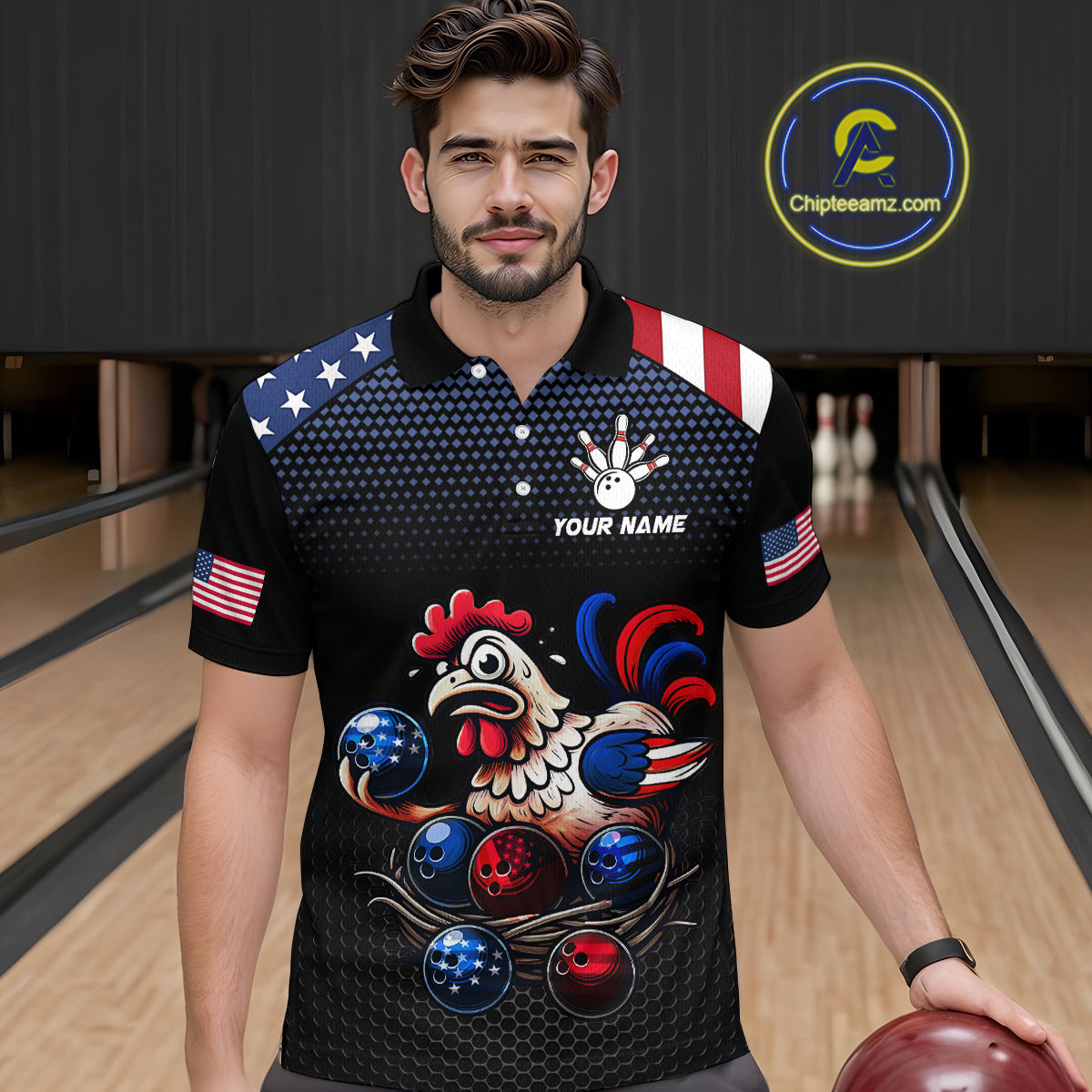 Custom American Flag Funny Chicken Bowling Team Jersey for Men Polo Bowling Shirt Unisex QZT710