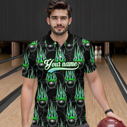 Black Bowling Ball Camo Green Flame Bowling Polo, 1/4 Zip Shirt for Men Custom Bowling Team Jersey NQS9479