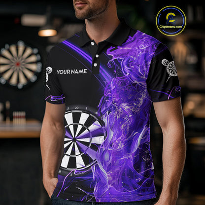 Custom Black And Purple Flame Darts Shirts For Men, Darts Team Jerseys Polo & Quarter Zip Uniform TDM4017