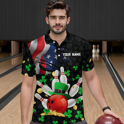 Personalized US Flag St Patrick Day Funny Bowling Shirt Men Team Polo & 1/4 Zip Shirts HNT12